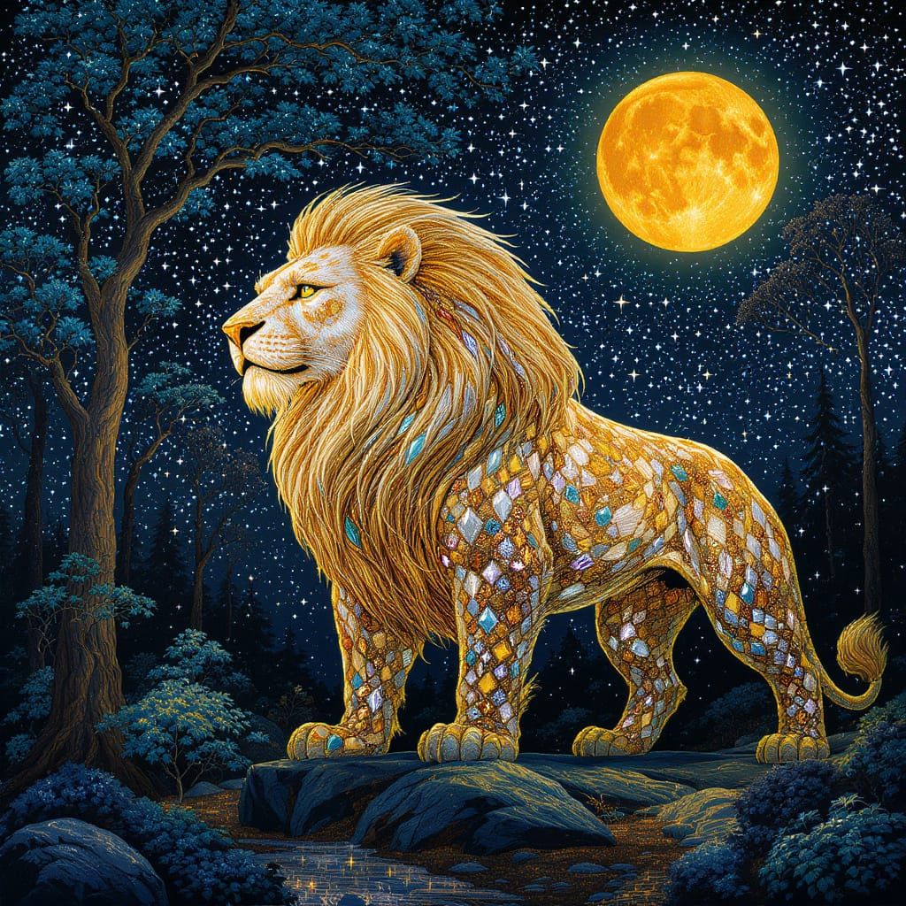 Jeweled Lion Sculpture in Forest, Neo-Impressionist Style