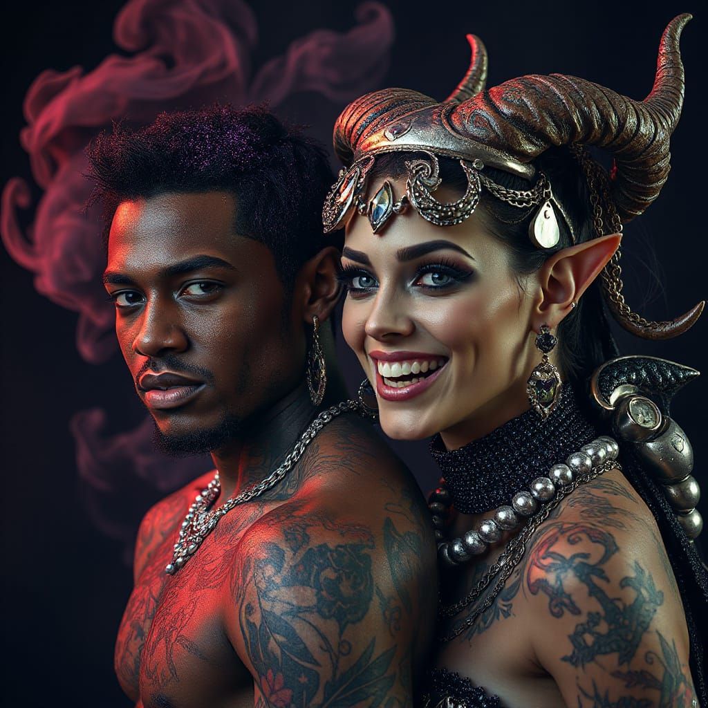 Fantasy Couple with Glittery Hair, Tattoos and Horns