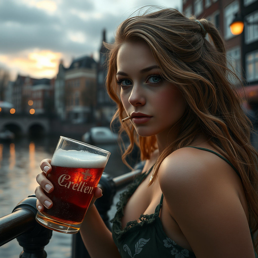 A portrait of a beautiful woman drinking a beer