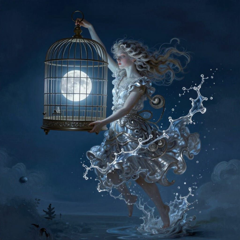 Surreal Figure Captures Moon in Birdcage