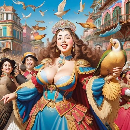 Happy Lady Dancing with Birds at Bird Festival