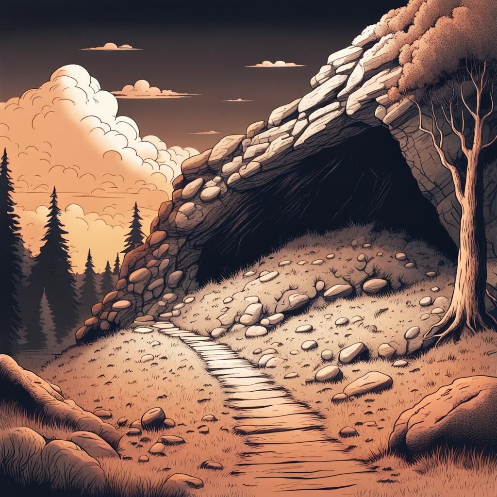 Mysterious Cave Entrance in Fantasy Forest Illustration