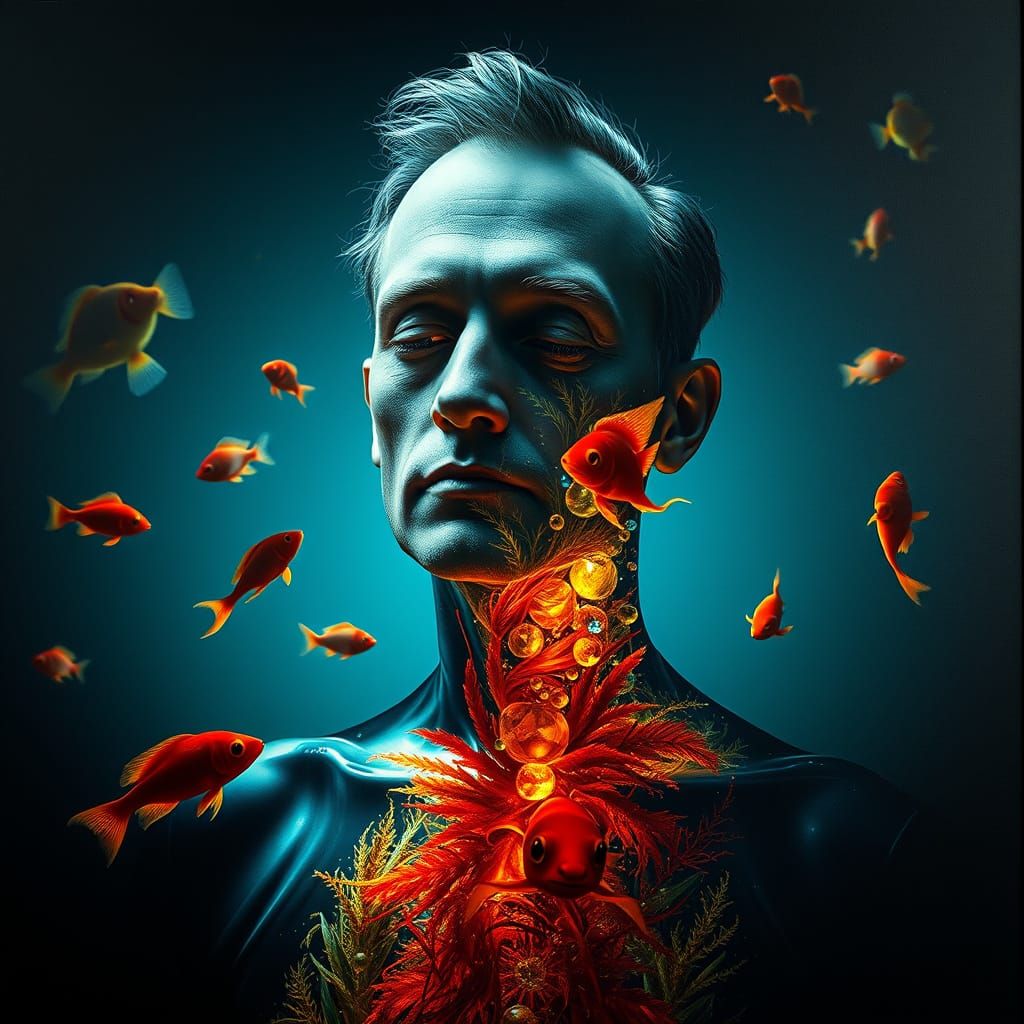 Surreal Aquarium Person in Dreamlike Landscape