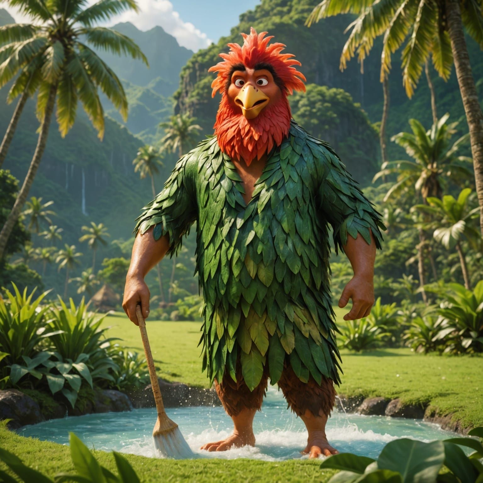 Man with Giant Hei Hei in Meadow