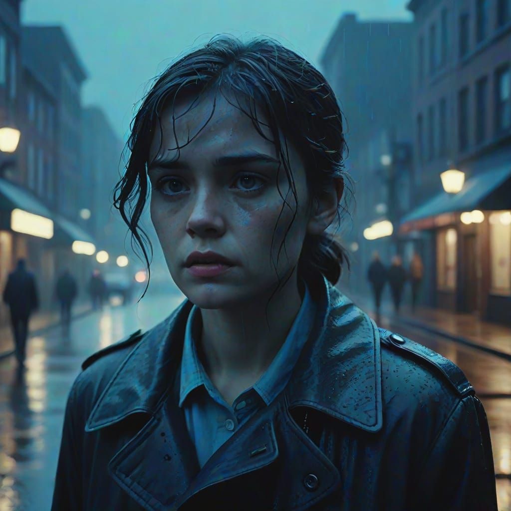 Rainy Streets at Dusk: A Melancholic Film Noir Scene