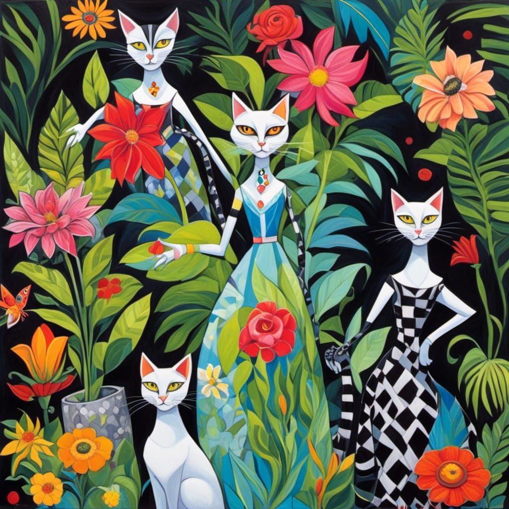 Whimsical Cats Dancing in Exotic Garden, Cubism Style
