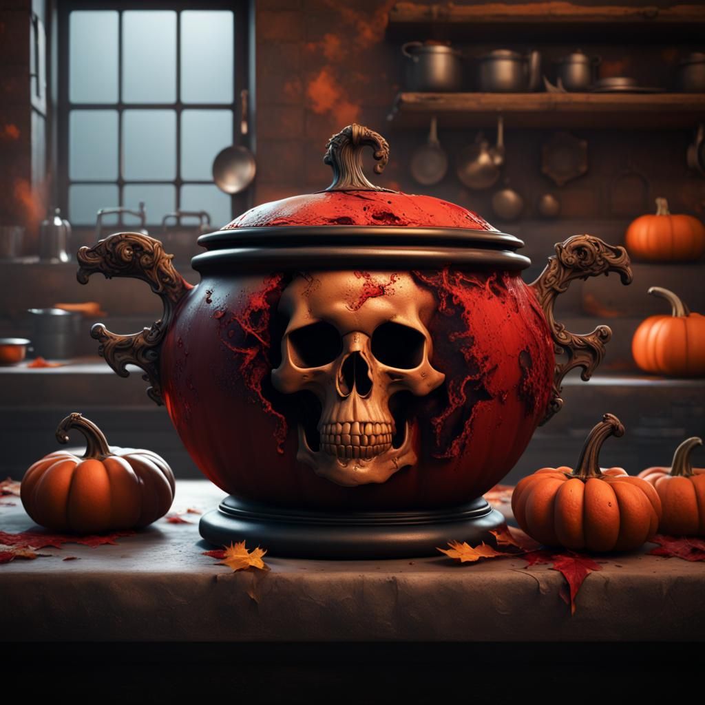 Skull in Pot with Red Steam, Detailed Matte Painting