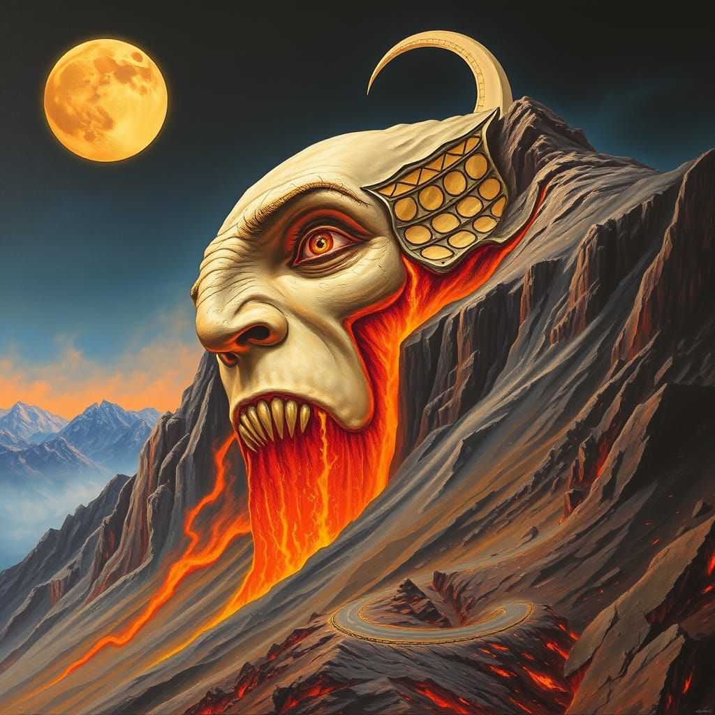 Surreal Mountain Face Erupts from Lava