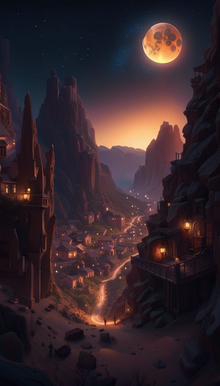 Occult Canyon Town at Sunset: Hyperrealistic Matte Painting