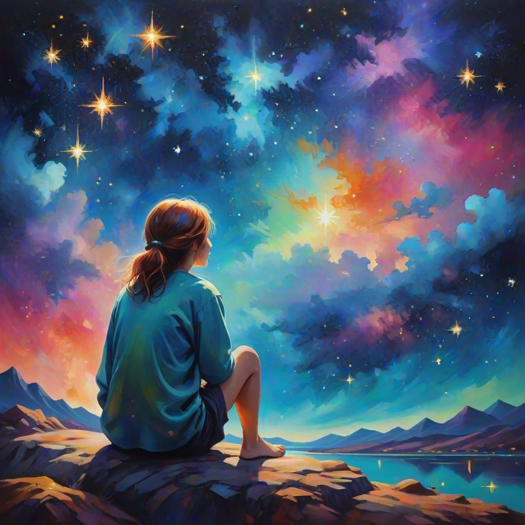 Serene Figure Beneath Glowing Stardust: Surreal Oil Painting