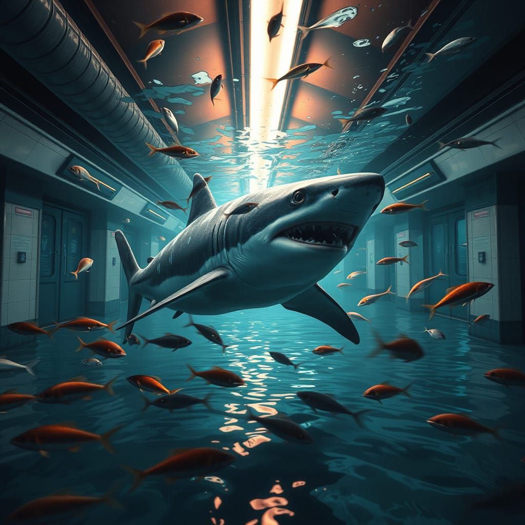 Shark Surrounded by Fish in a Flooded Metro Station, Highly....