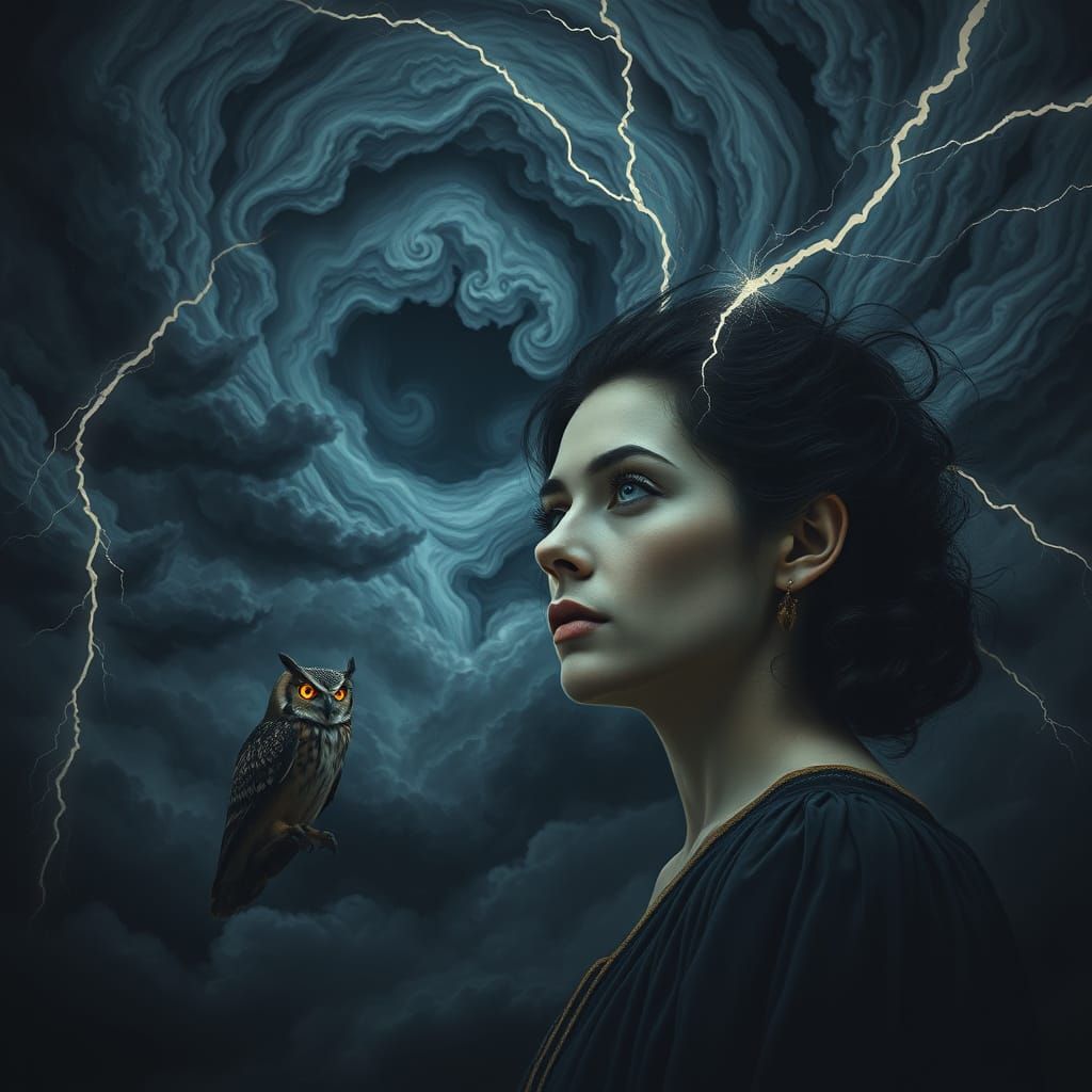 Woman Faces Storm With Owl, Surrealism and Dark Fantasy