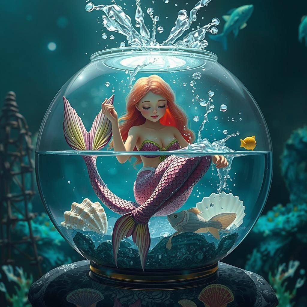 Mermaid Bathing in Fishbowl: Ethereal Fantasy