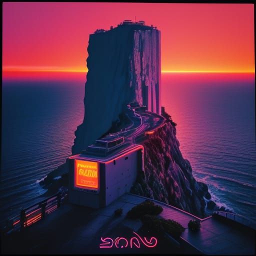 Ligurian Riviera Sunset in Retro-Futuristic Neon