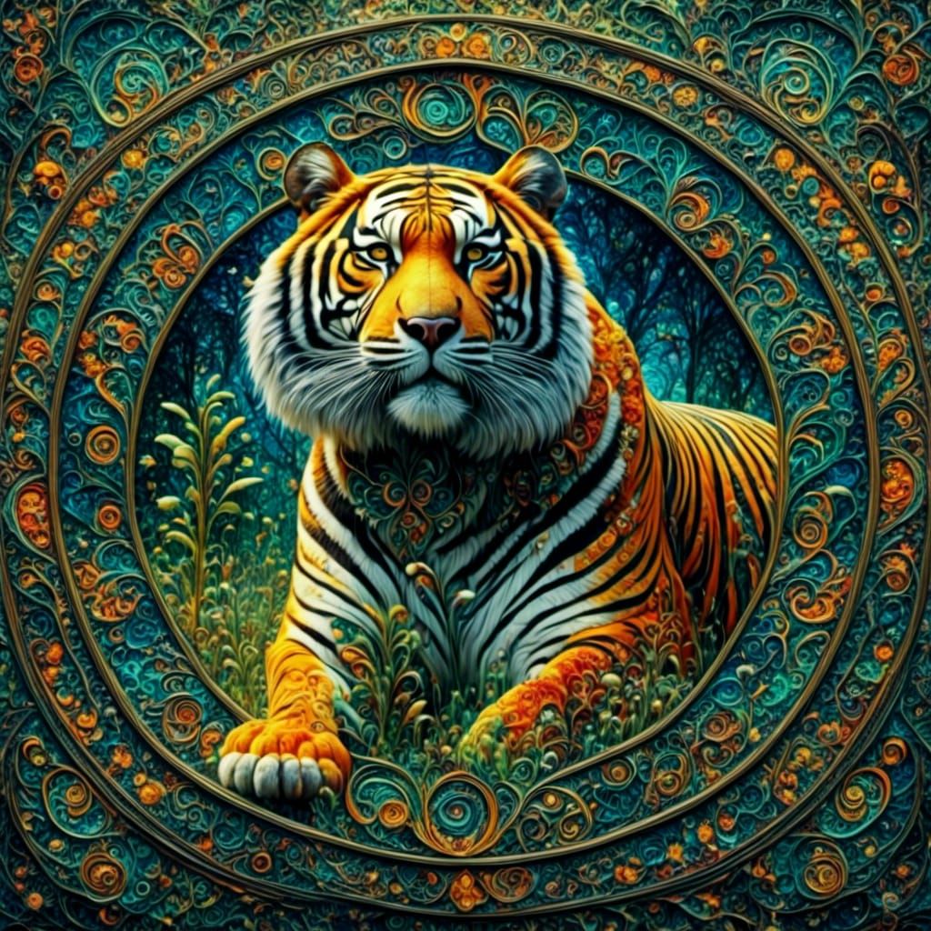 Sumatran Tiger Stalking Prey in Stained Glass Mandala Style
