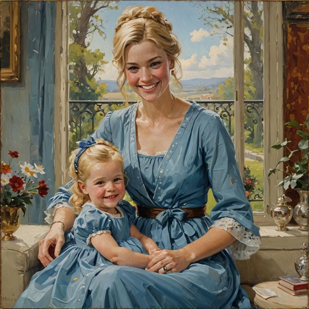 Mother and Child in Living Room, Oil Painting