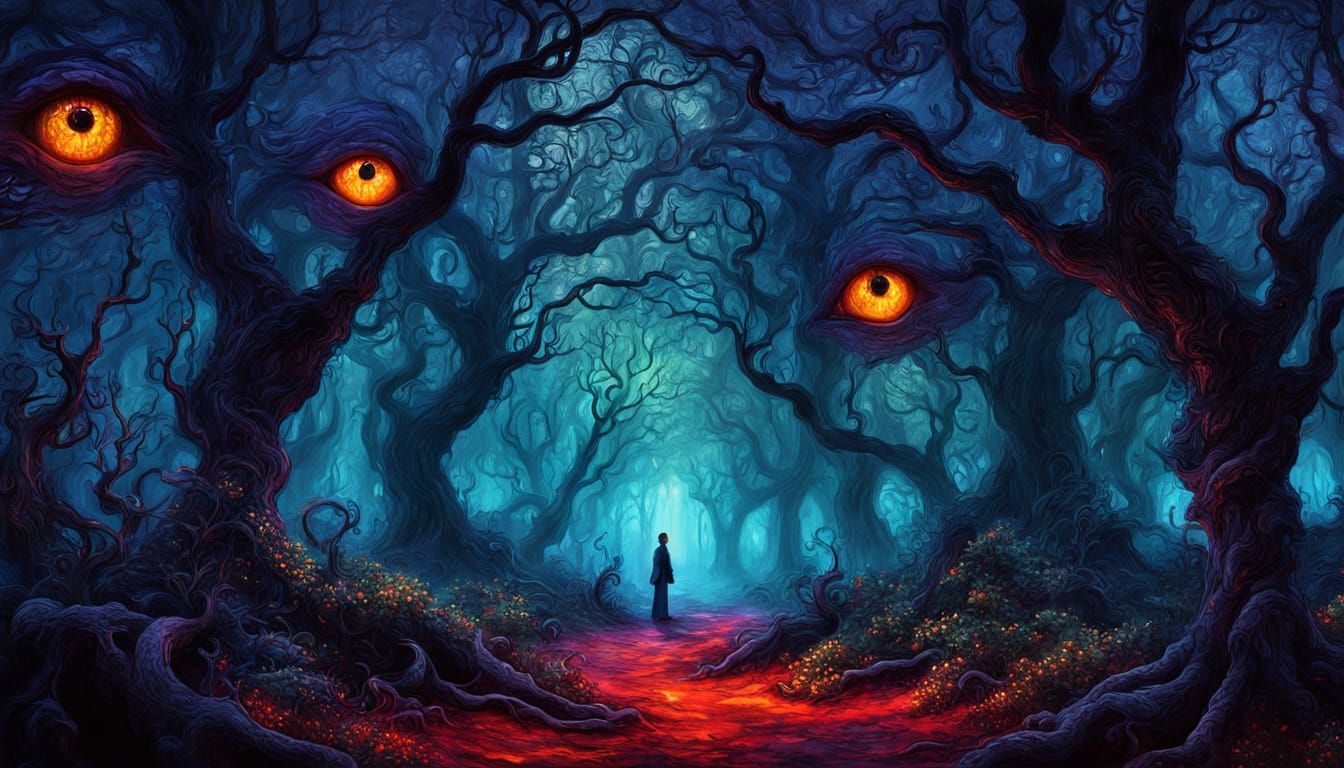 Misty Forest Garden at Twilight with Ethereal Eyes