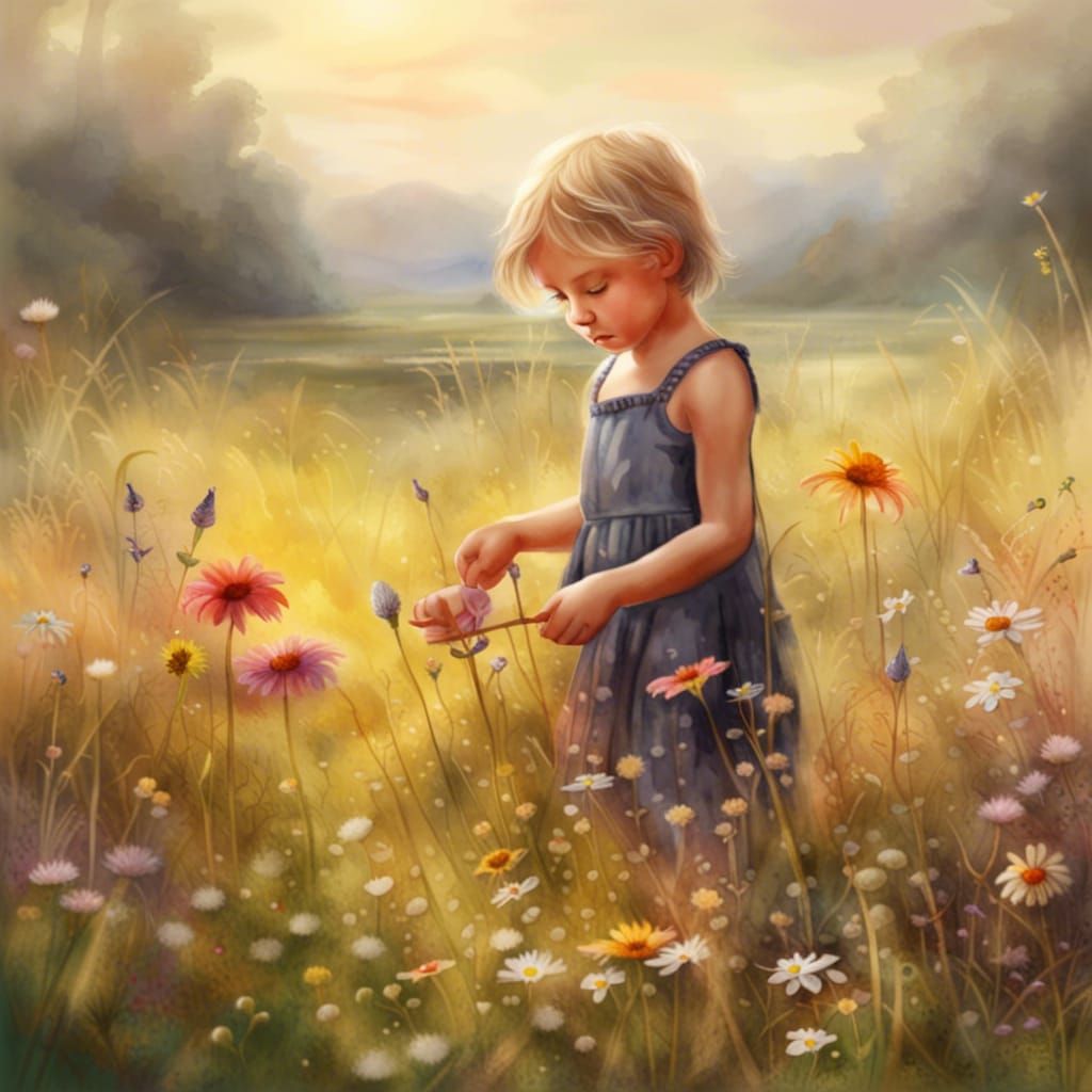Adorable Toddler Picking Flowers: Watercolor Painting