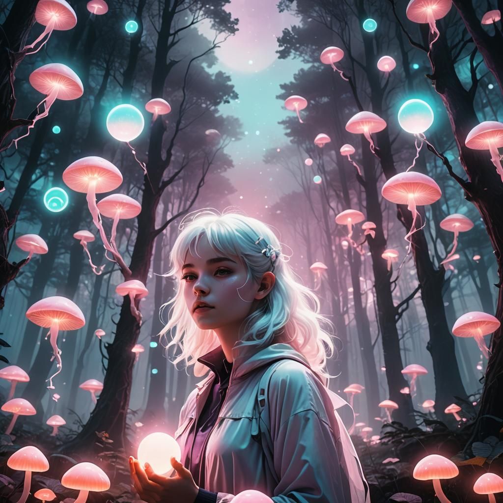 Fairy in Vaporwave Forest with Glowing Orbs