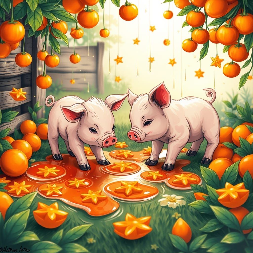 Whimsical Piglets Play in a Magical Downpour of Glittering T...