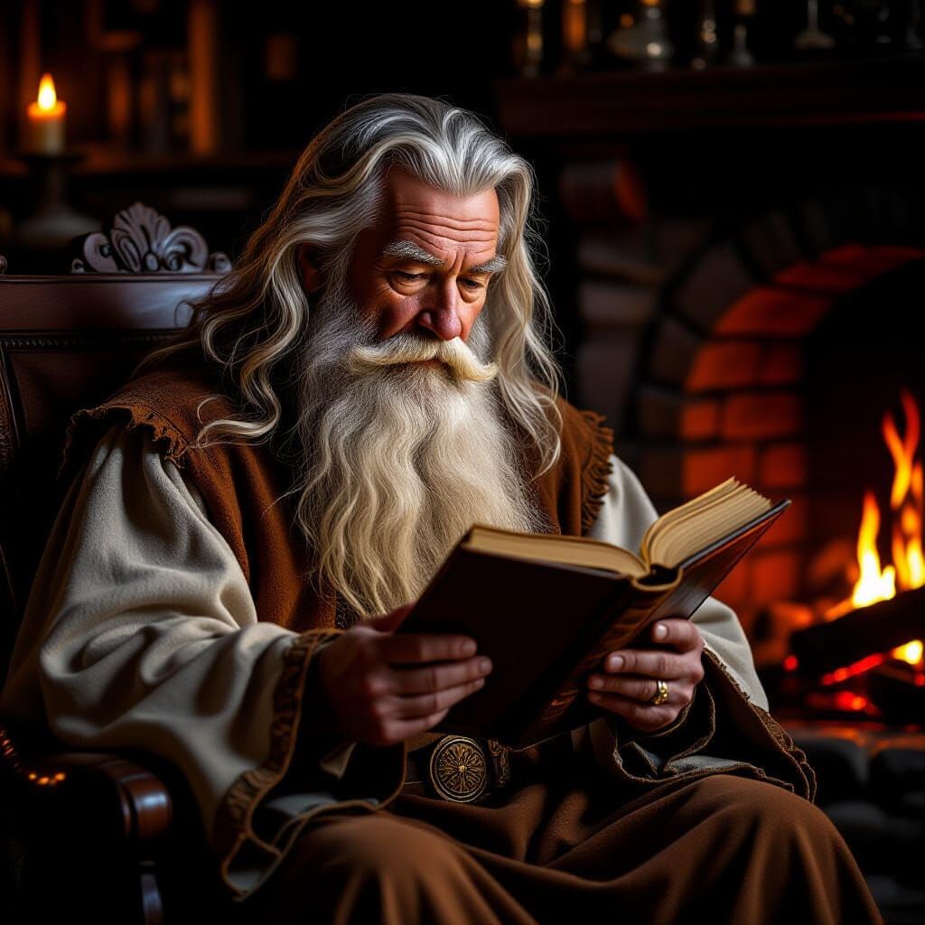 Wizard Reading by Firelight in Photorealistic Style