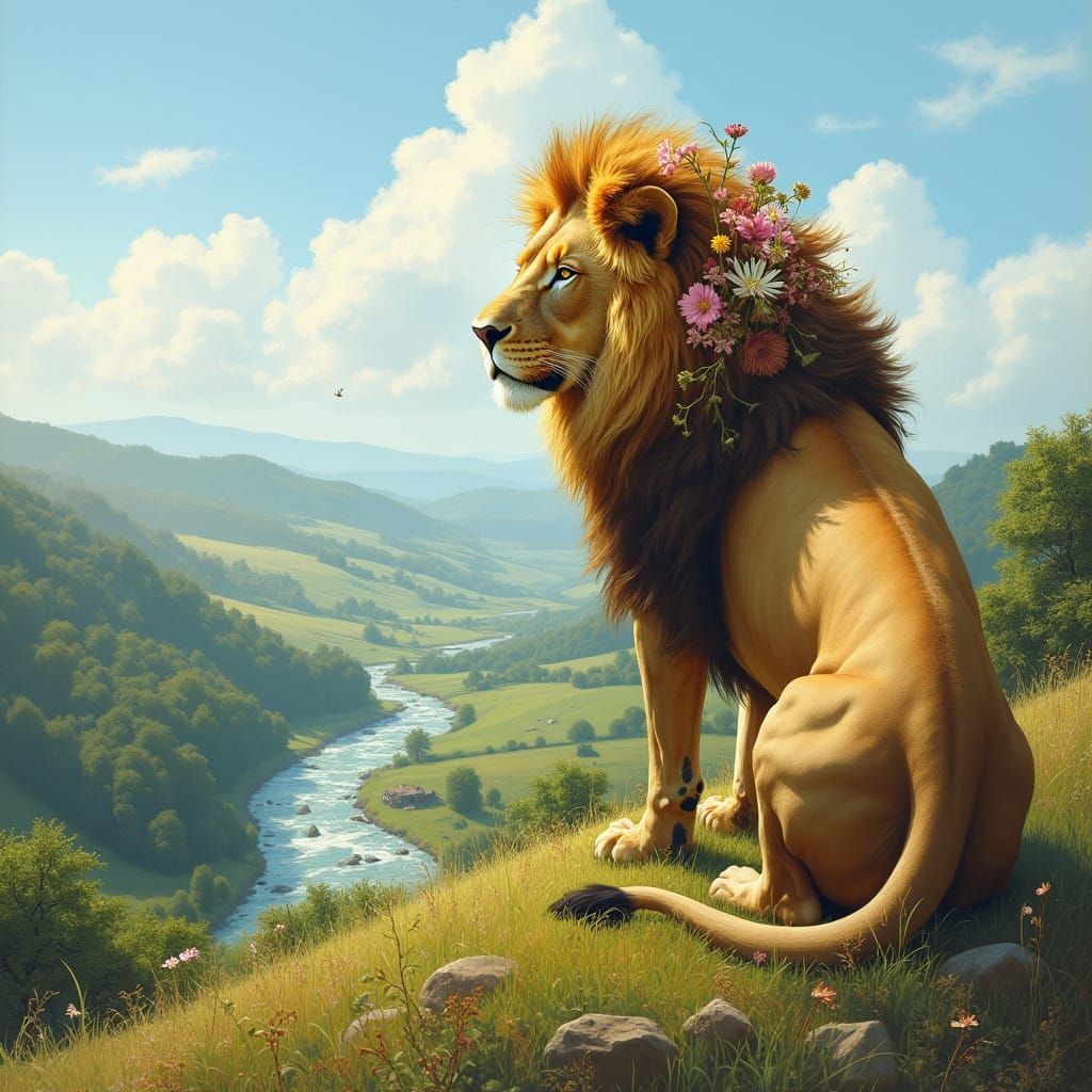 Majestic Lion with Wildflower Mane Overlooking Valley