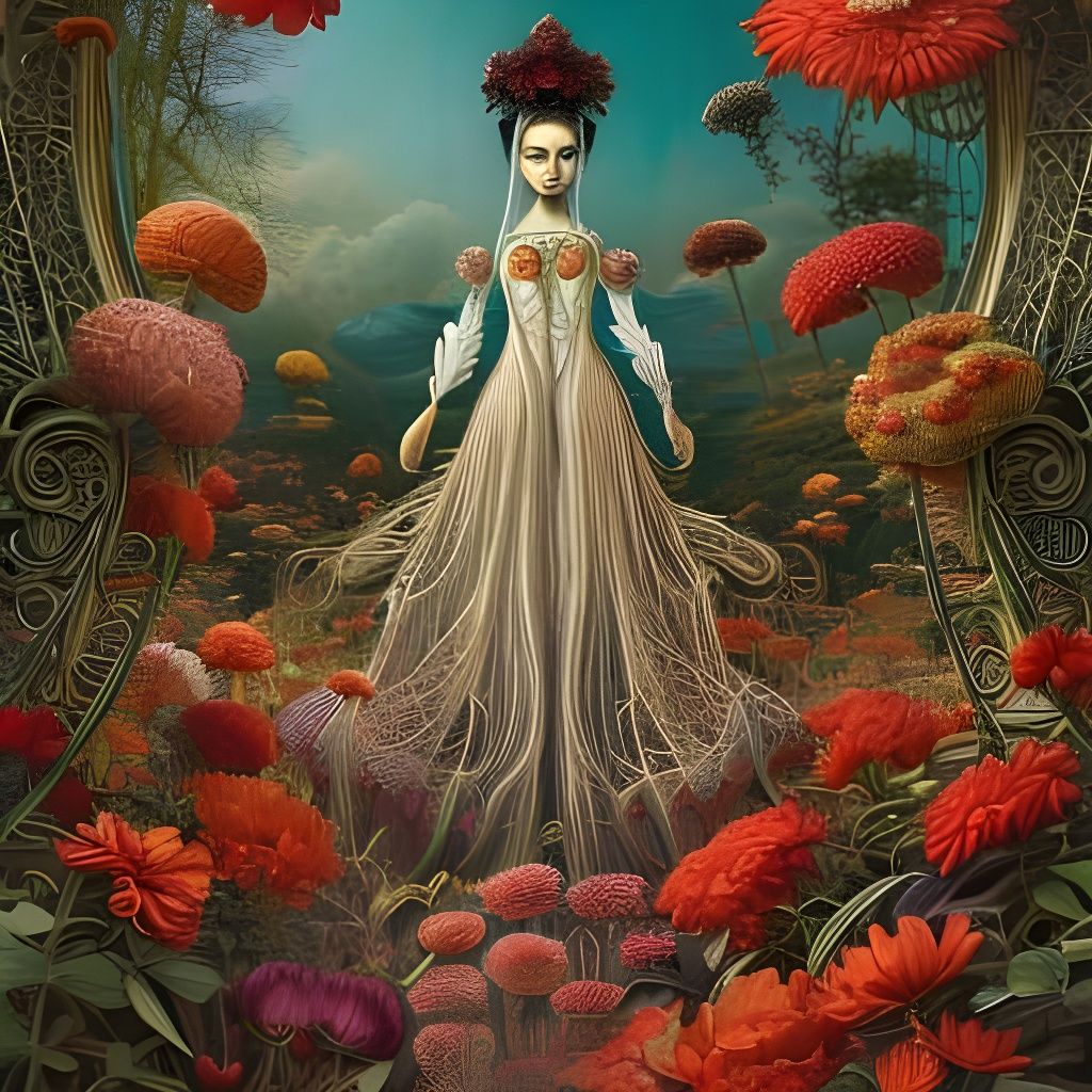 Grotesque Girl with Flowers: Digital Illustration