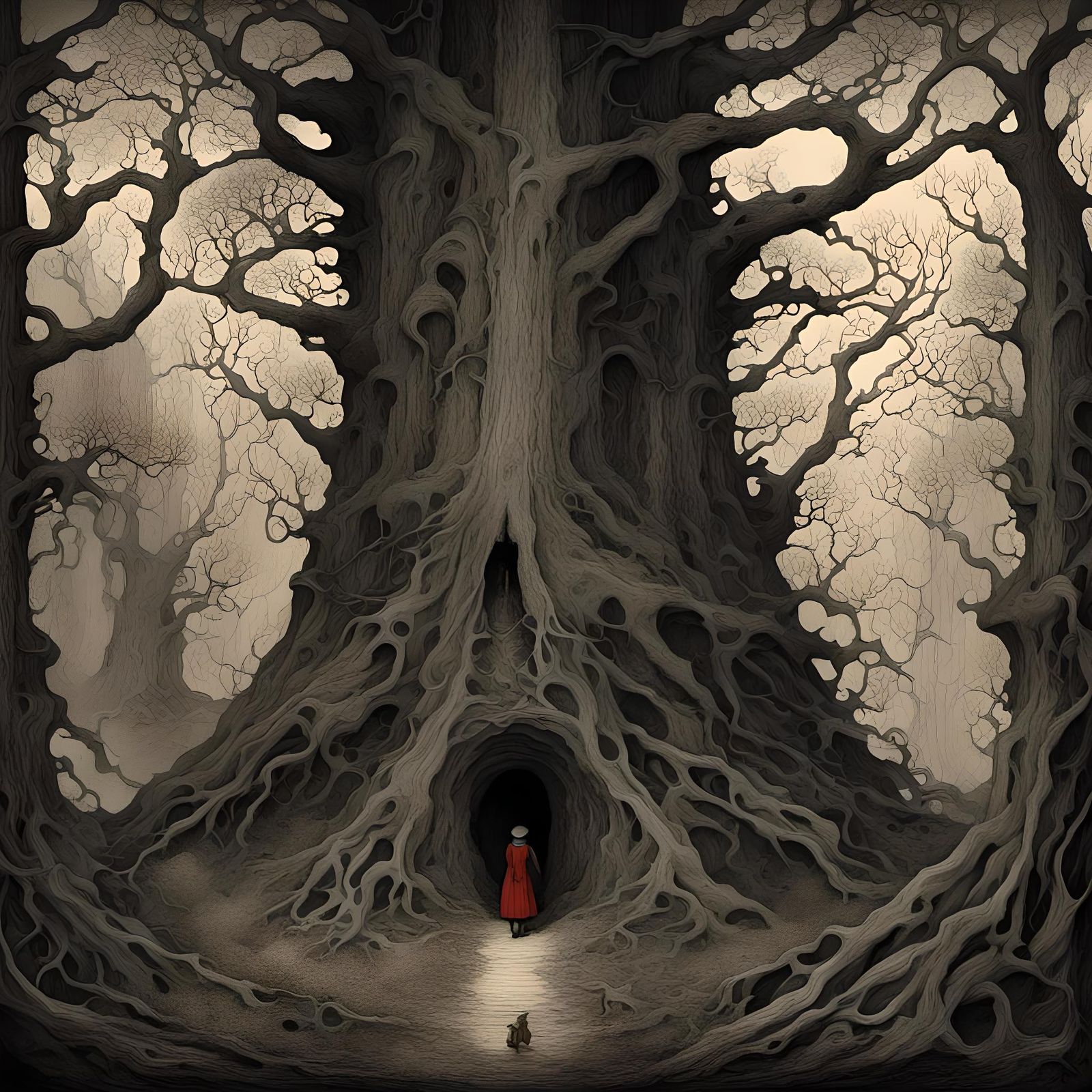 Gothic Forest Etching with Hiker, Dore Style