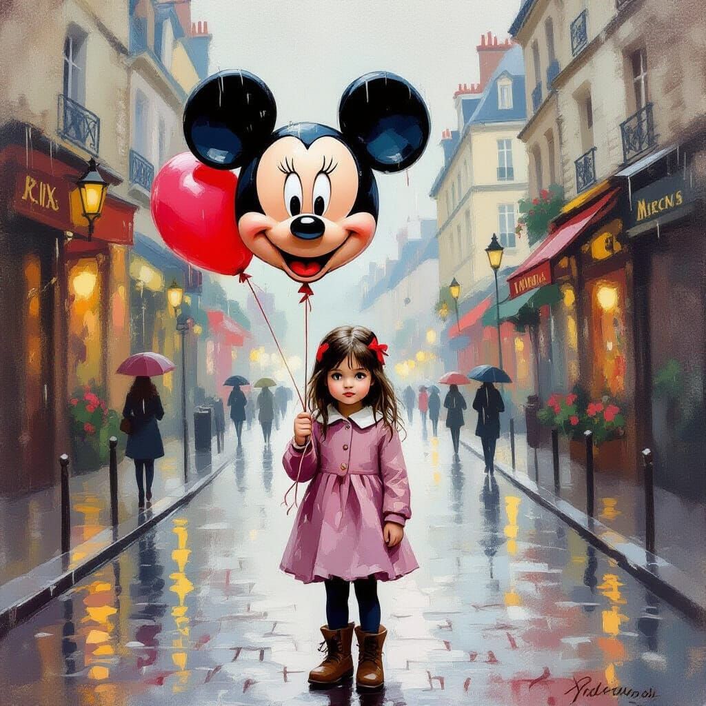Shy Girl with Mickey Balloon on Parisian Street