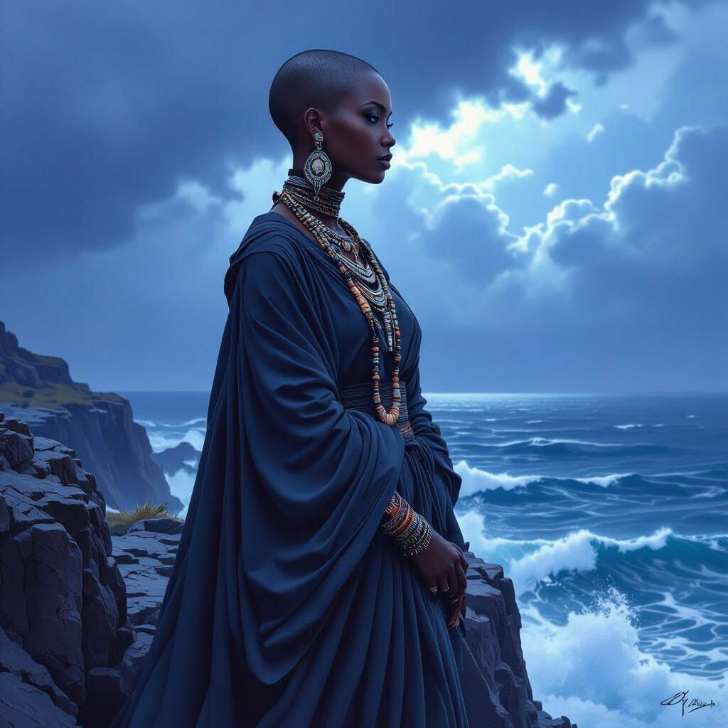 Regal Woman on Windswept Cliff in Hyperrealistic Style
