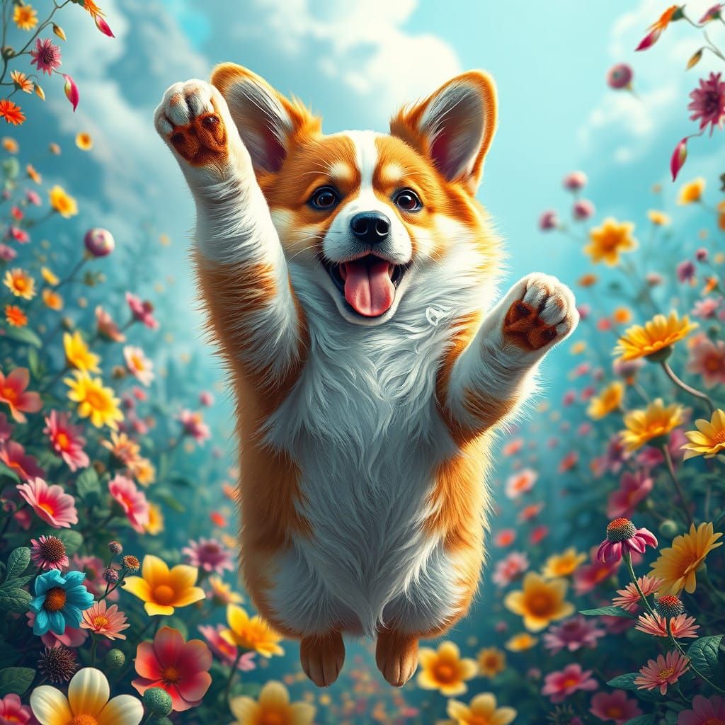 Whimsical Corgi in Vibrant Floral Wonderland