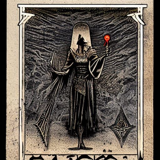 Antique Tarot Card with Egyptian Script in Dark Surrealism