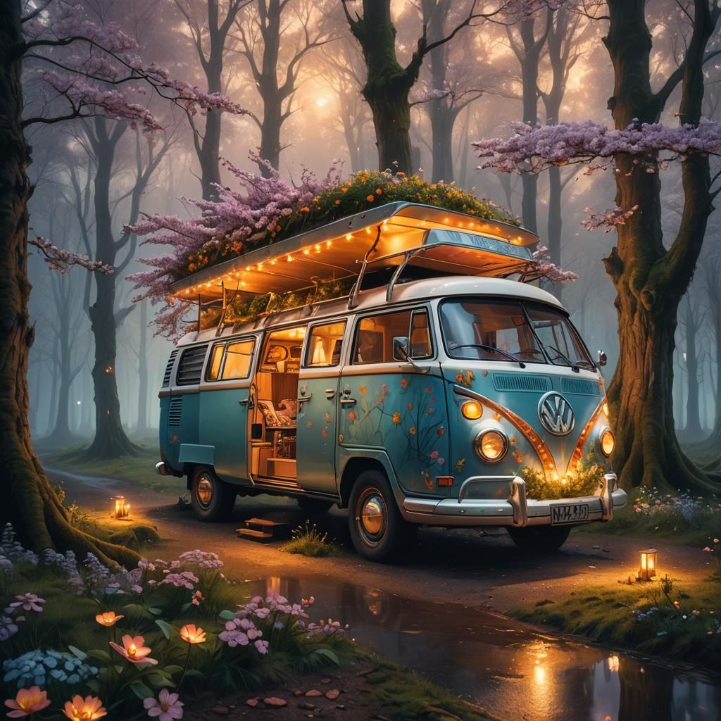 Fairytale Campervan in Misty Forest, Oil Painting