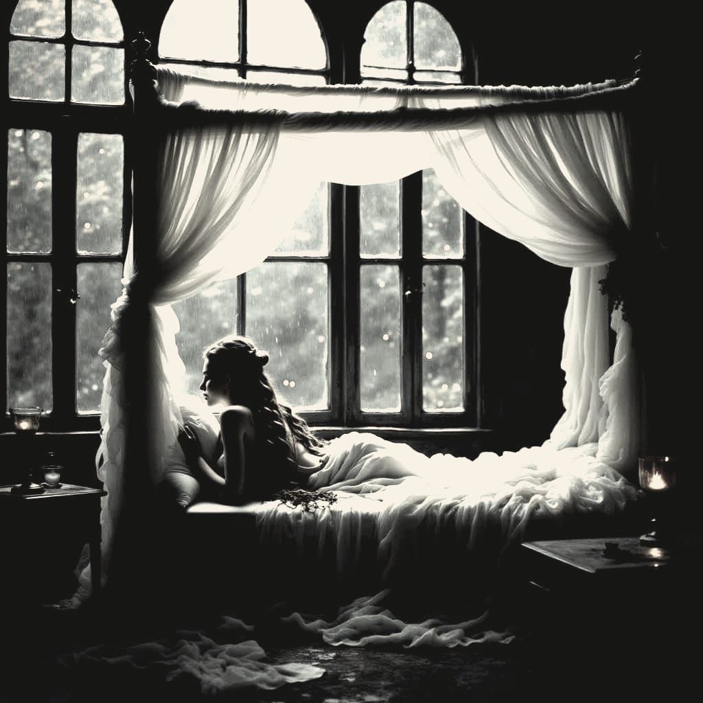 A Woman's Serene Midnight Moment in a Dark, Rainy Night