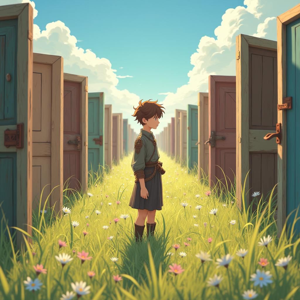 Anime Boy in Door Field: Stylized 3D Render