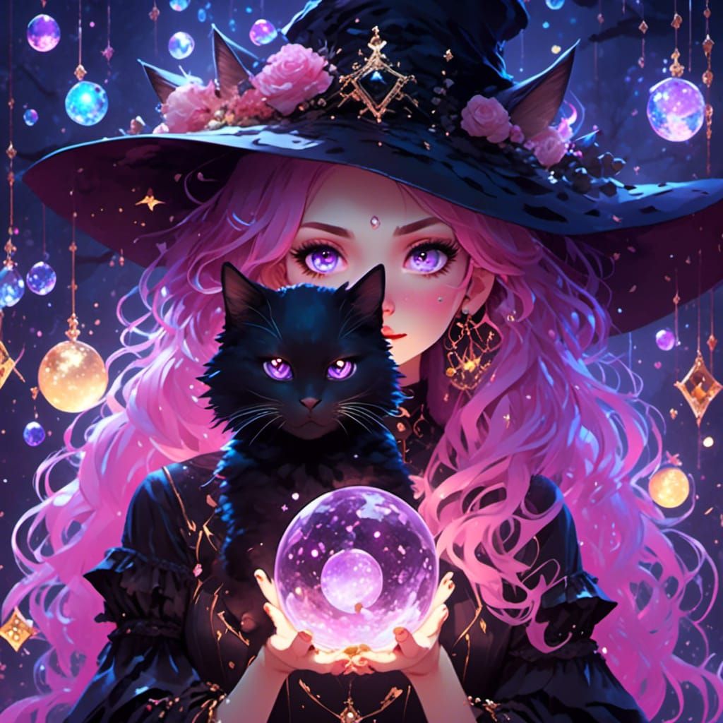 Magical Black Cat Familiar with Tarot Cards
