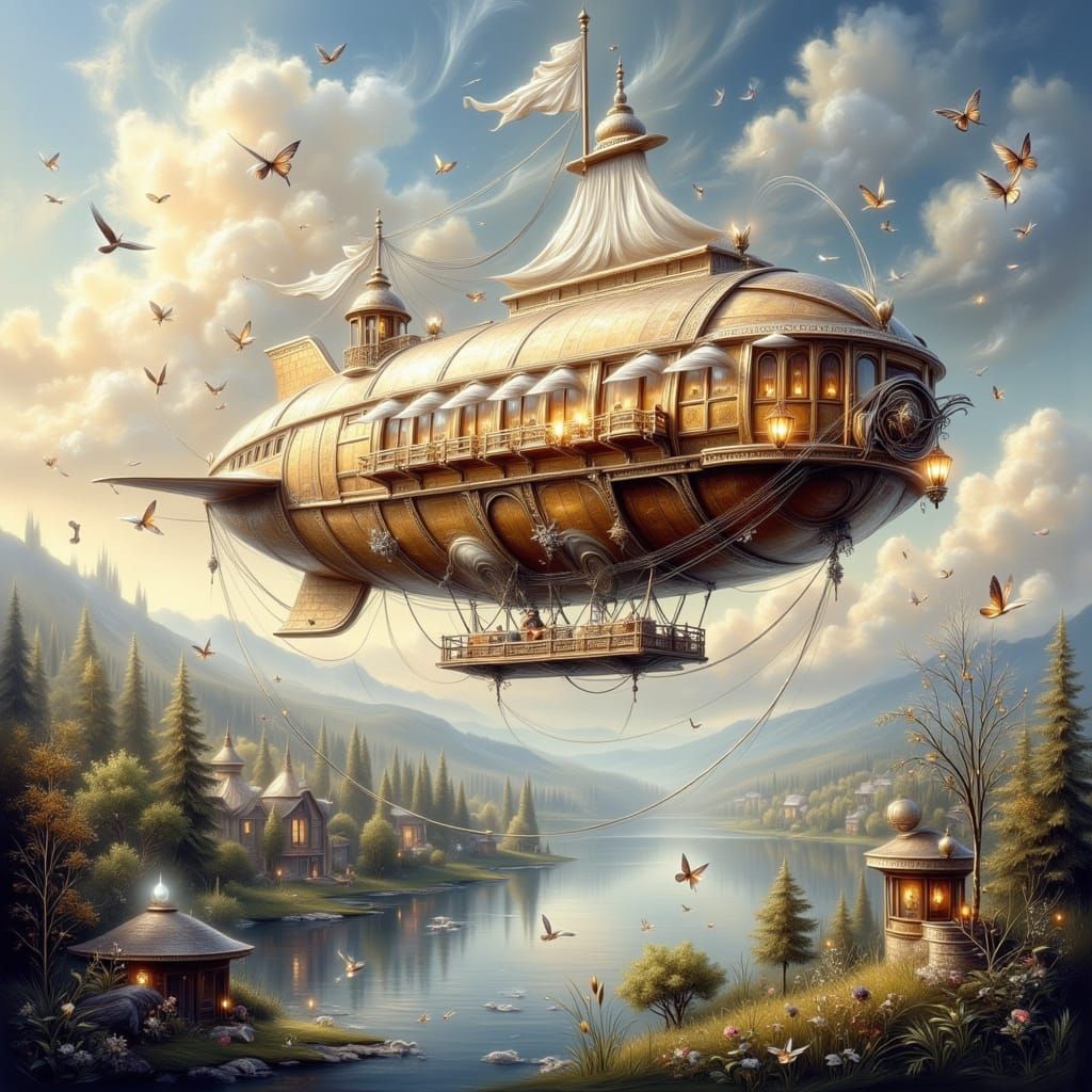 Dreamy Airship Scenic Flight with Birds and Butterflies