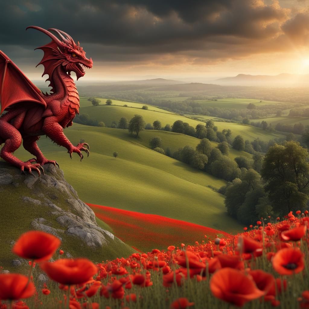 Welsh Dragon Overlooking Poppy Field
