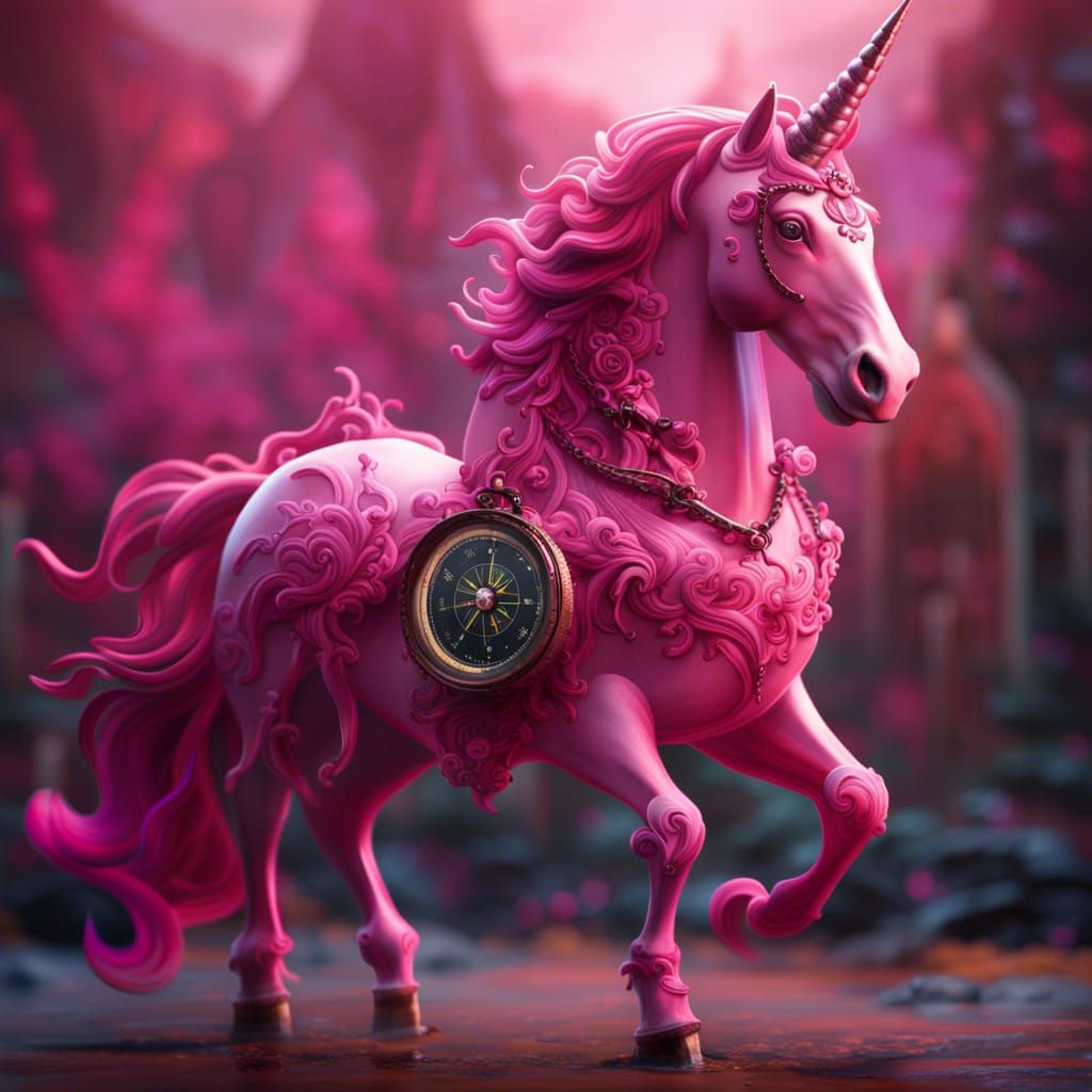 Pink Unicorn Navigating with Compass: Fantasy Art