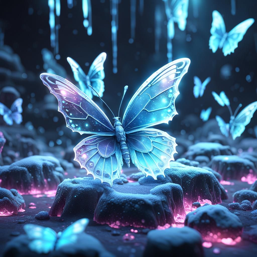 Neon-Ice Crystal Butterflies in Digital Matte Painting