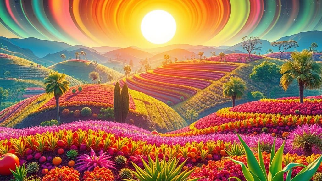 Dazzling Hyper-Realistic Garden of Fluorescent Fruits and Ve...