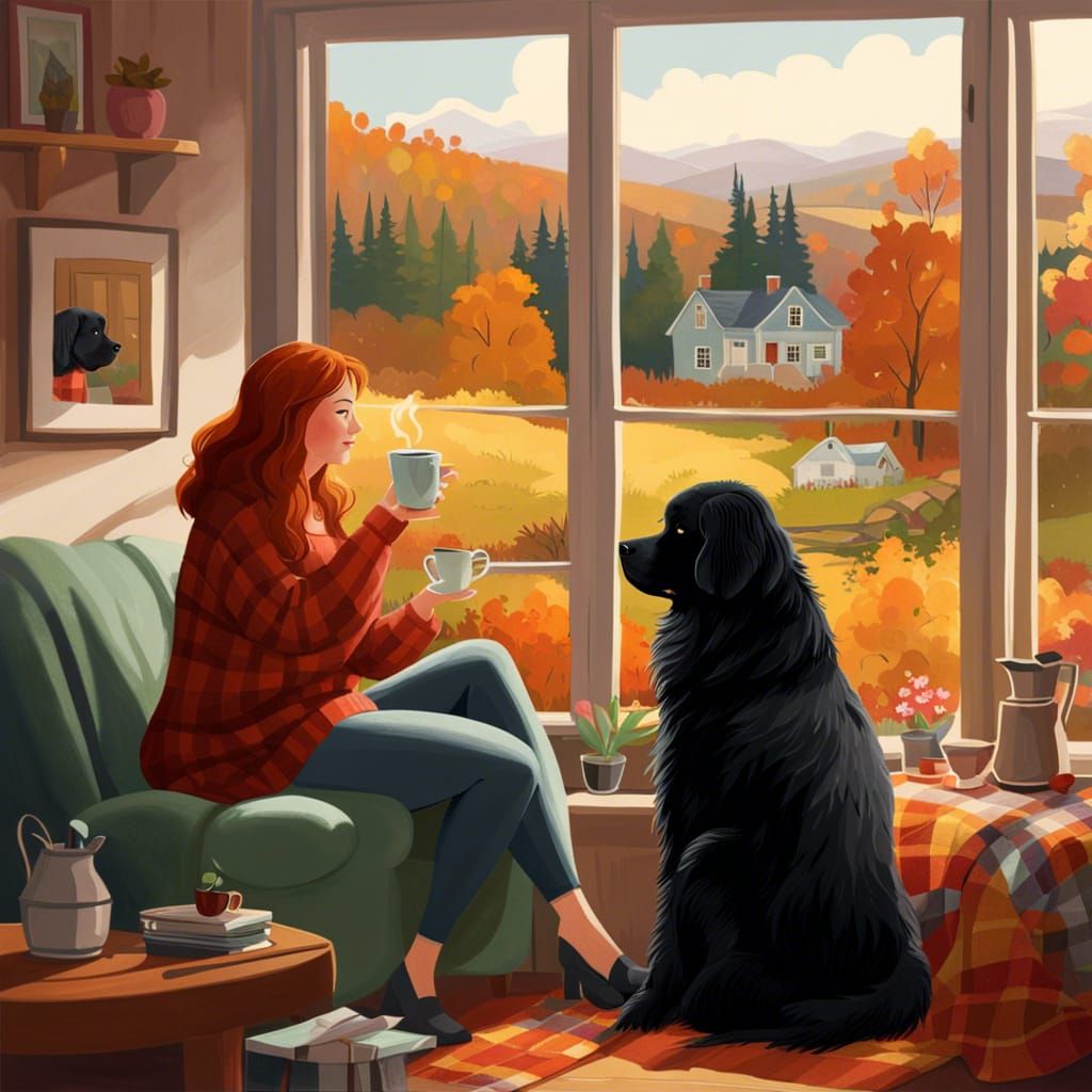 Redhead and Newfoundland Dog in Cottagecore Style