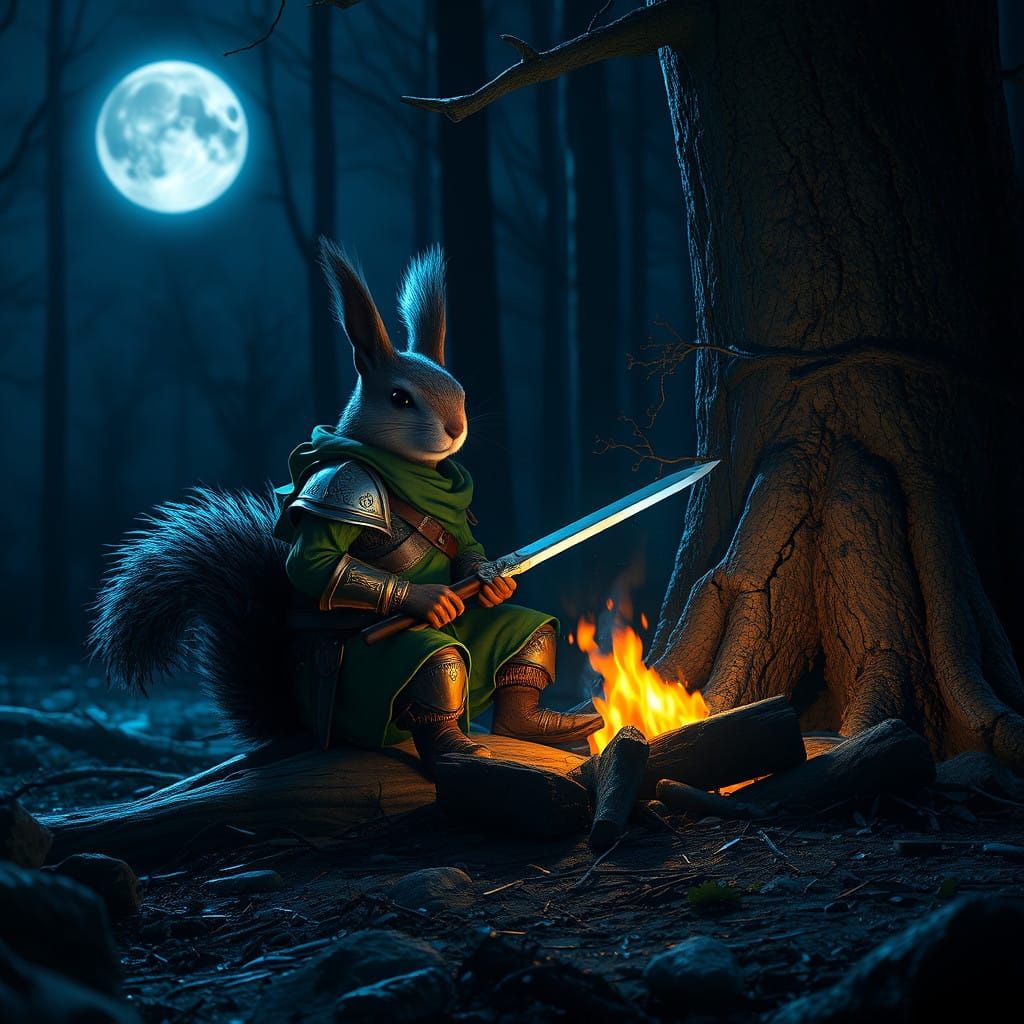 Surreal Squirrel Warrior Seeks Solace in Dark Fantasy Nightt...