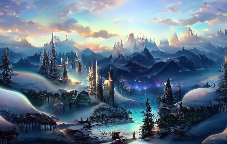 Snowy Skyrim Landscape in Whimsical Fantasy Style