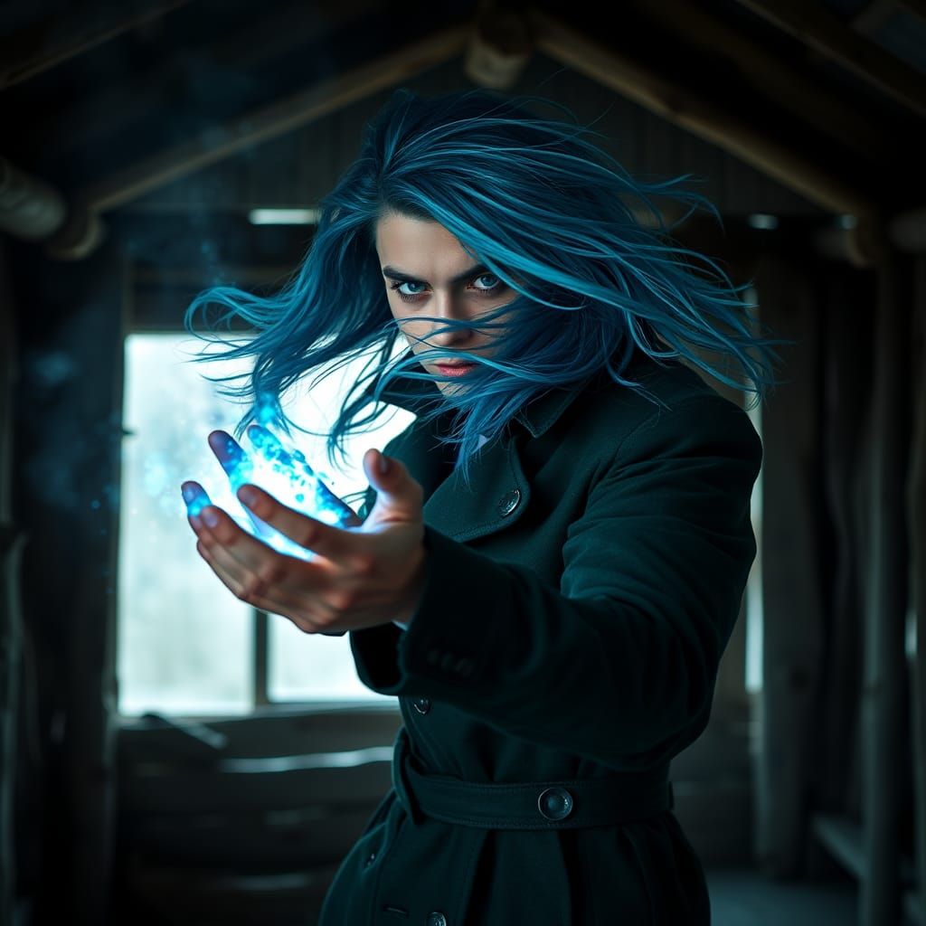 Windblown Man with Flowing Hair and Icy Energy