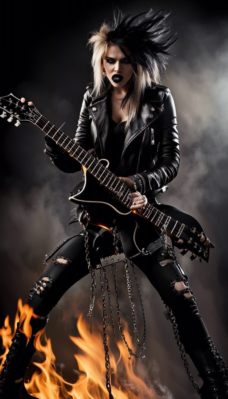 Heavy Metal Biker Chick Guitar on Fire