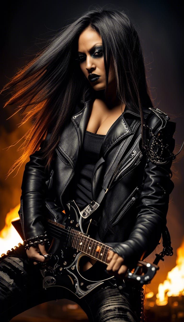 Ferocious Biker Chick Rock Star with Guitar on Fire