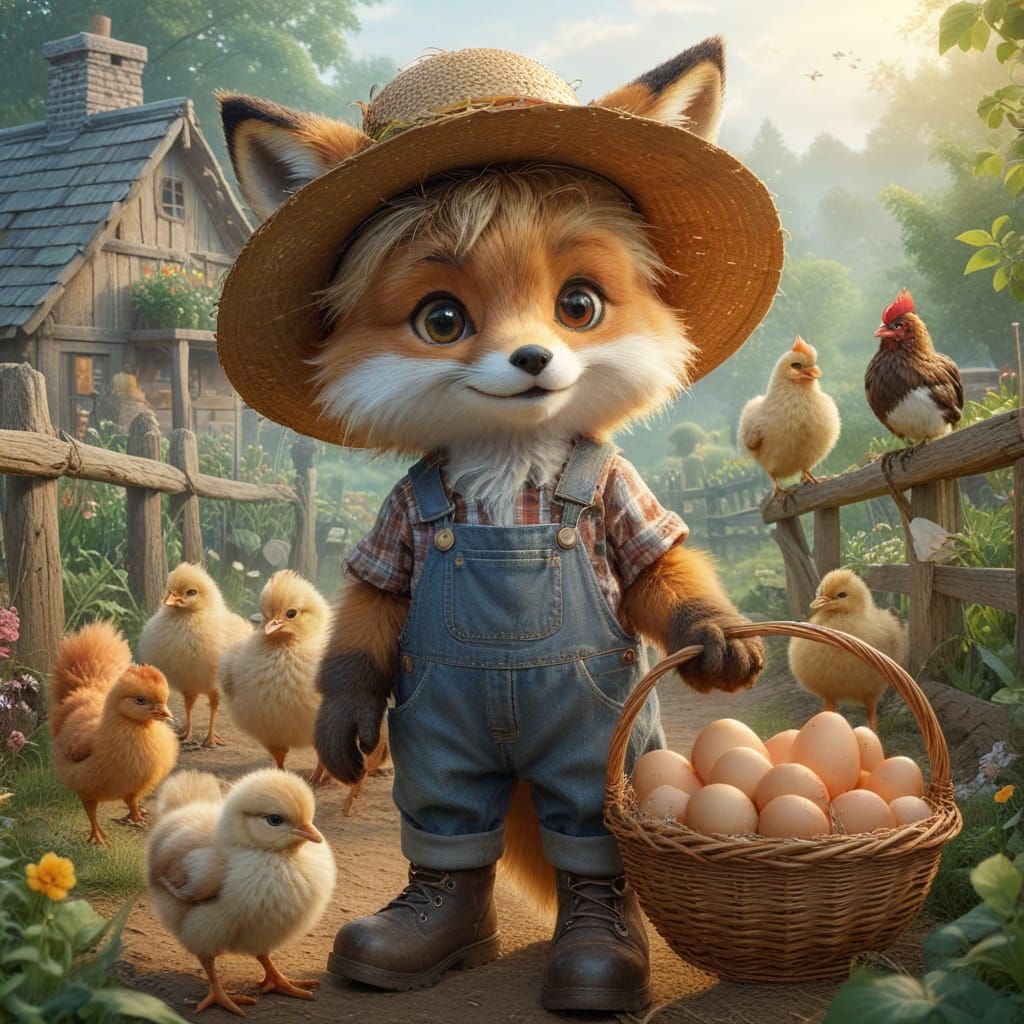 Cute Fox Farmer with Eggs and Chickens