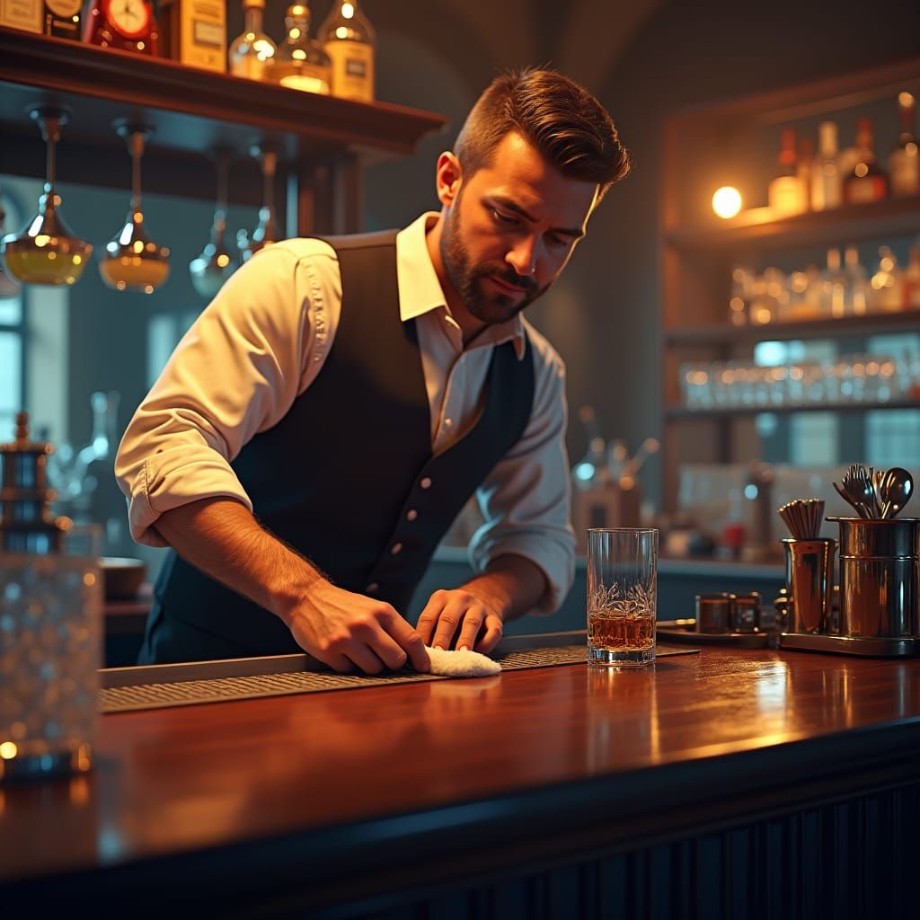 Barman Cleaning Counter in Fantasy Tavern Setting