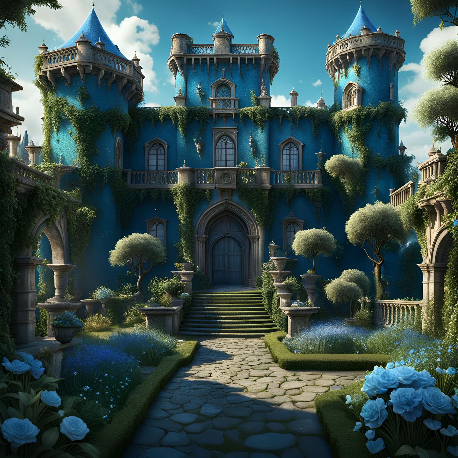 Azure Castle with Garden in Detailed Matte Painting